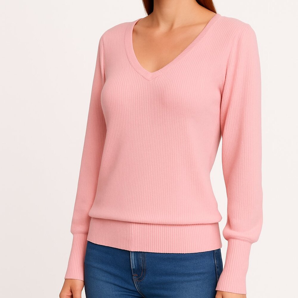 Boston Proper V-Neck Blouson Balloon Sleeve Sweater Ribbed Top Sz Small Pink